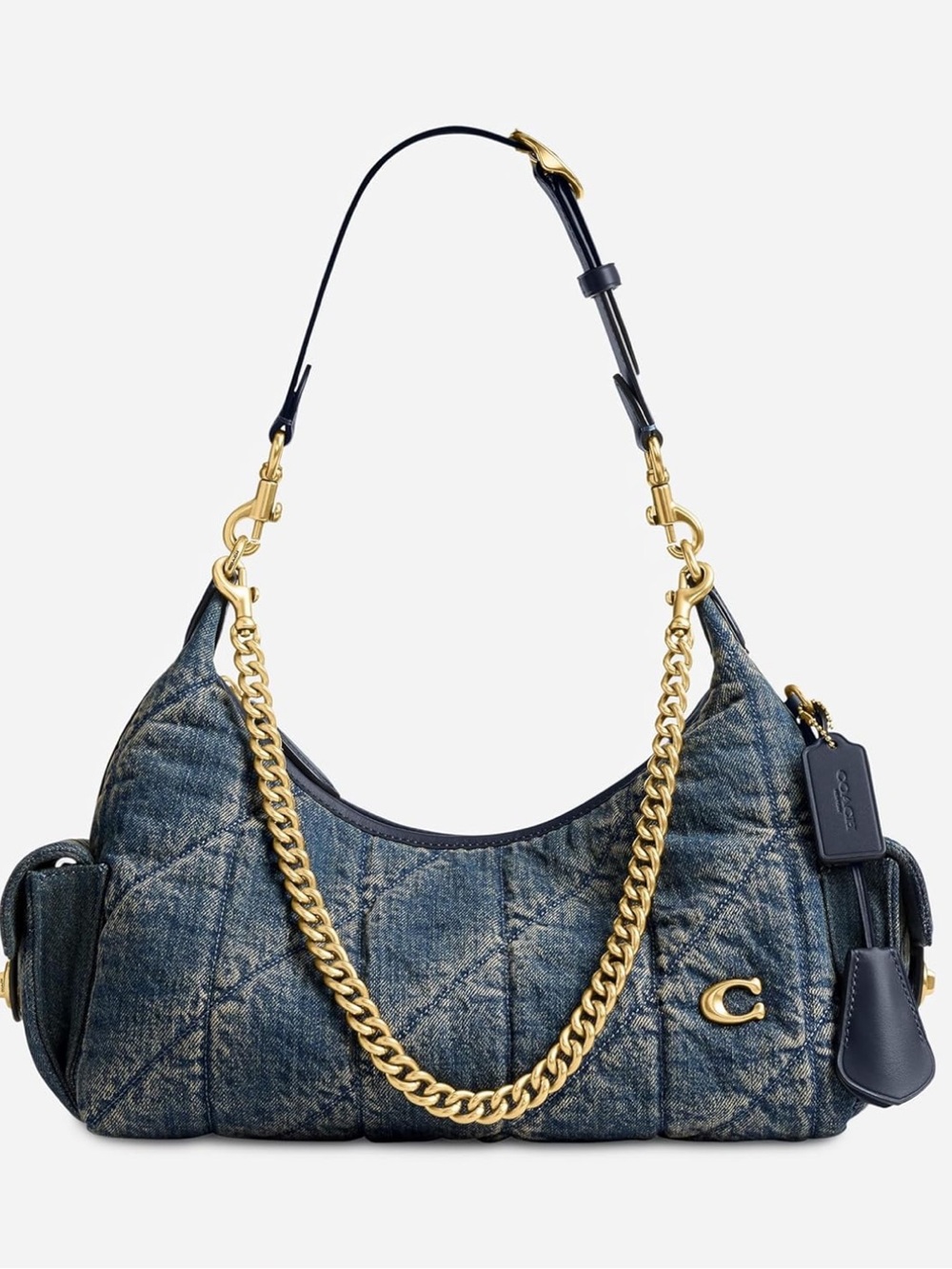 Coach Women’s Pocket Juliet Bag Quilted Denim Shoulder Bag with Gold Chain